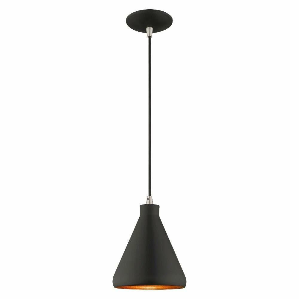 Livex Lighting 41177-04 Metal Shade - 7" One Light Mini Pendant, Black Finish with Black Metal/Gold Shade