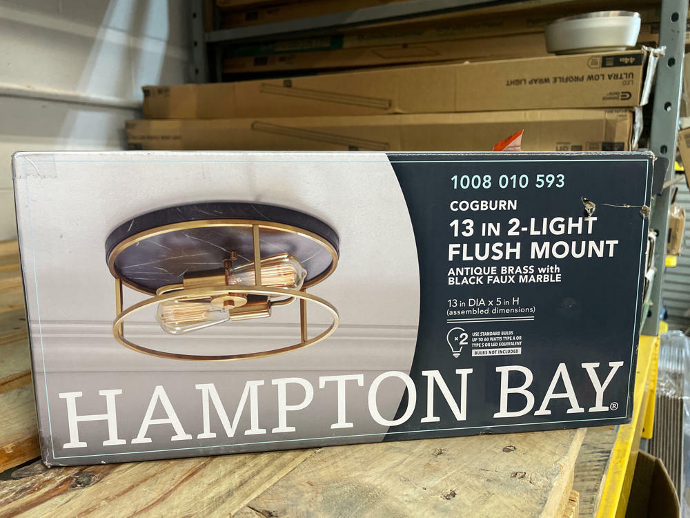 Hampton Bay Cogburn 13 in. 2-Light Antique Brass with Black Marbled Base Flush Mount