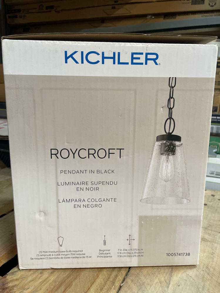 Roycroft 7 in. 1-Light Black Farmhouse Kitchen Pendant Hanging Light with Seeded Glass Shade with Seeded Glass Shade