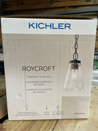 Roycroft 7 in. 1-Light Black Farmhouse Kitchen Pendant Hanging Light with Seeded Glass Shade with Seeded Glass Shade