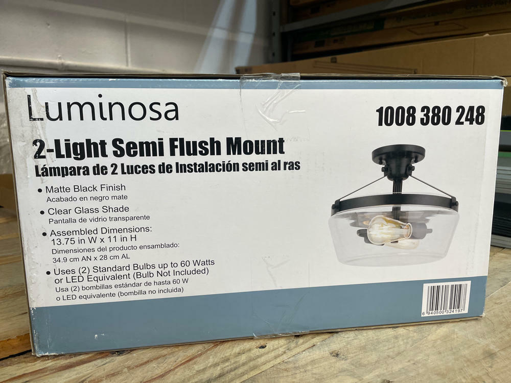 13 in. W 2-Light Matte Black Semi-Flush Mount Clear Glass