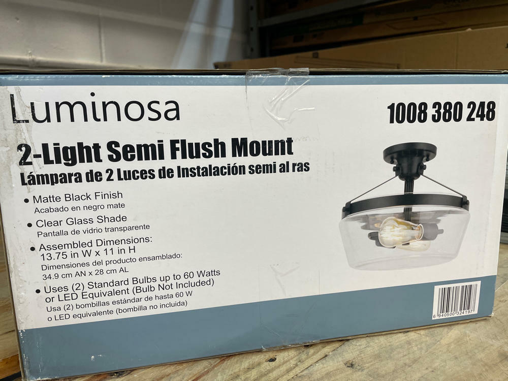 13 in. W 2-Light Matte Black Semi-Flush Mount Clear Glass