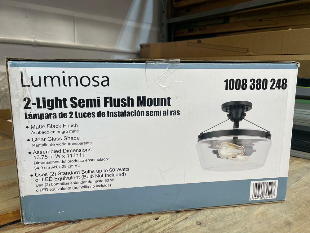 13 in. W 2-Light Matte Black Semi-Flush Mount Clear Glass