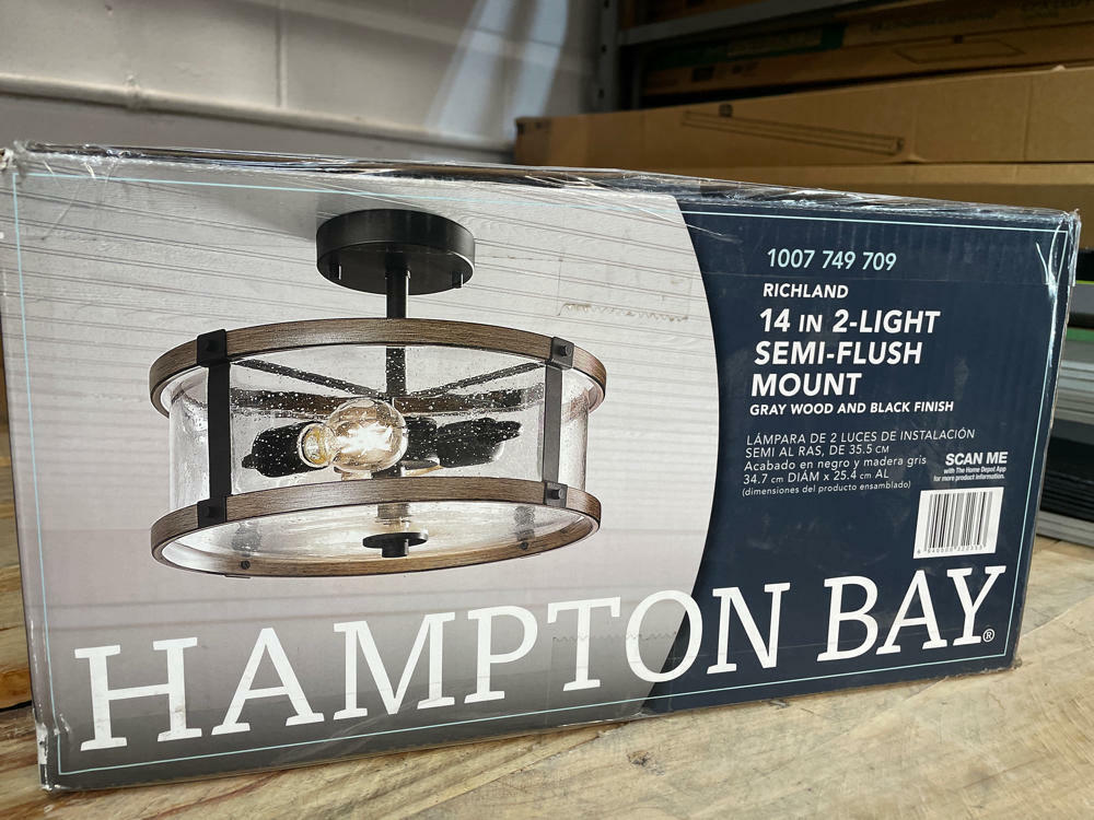 Hampton Bay Richland 2-Light Grey Wood Semi Flush Mount Clear Seedy Glass