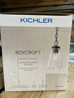 Roycroft 7 in. 1-Light Black Farmhouse Kitchen Pendant Hanging Light with Seeded Glass Shade with Seeded Glass Shade