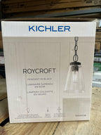 Roycroft 7 in. 1-Light Black Farmhouse Kitchen Pendant Hanging Light with Seeded Glass Shade with Seeded Glass Shade