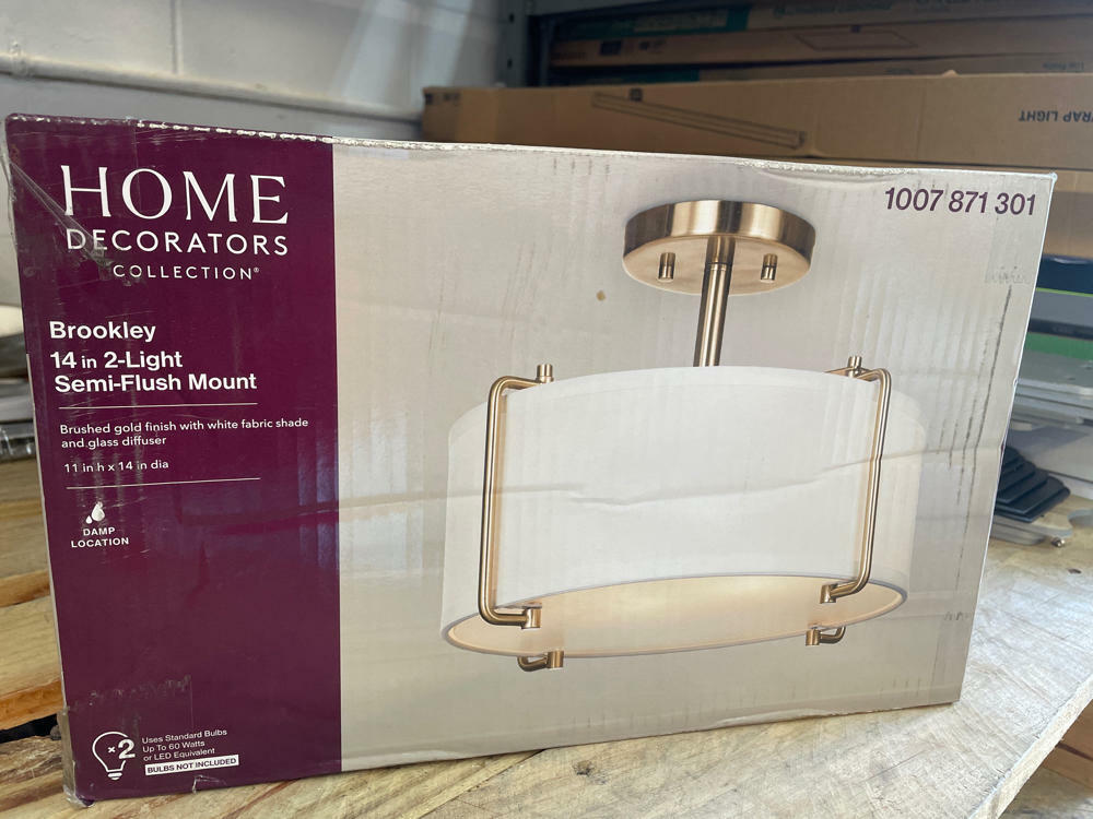 Home Decorators Collection Brookley 14 in. 2-Light Brushed Gold Semi-Flush Mount with White Fabric Shade