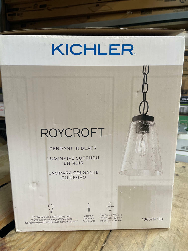 Roycroft 7 in. 1-Light Black Farmhouse Kitchen Pendant Hanging Light with Seeded Glass Shade with Seeded Glass Shade