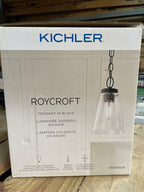 Roycroft 7 in. 1-Light Black Farmhouse Kitchen Pendant Hanging Light with Seeded Glass Shade with Seeded Glass Shade