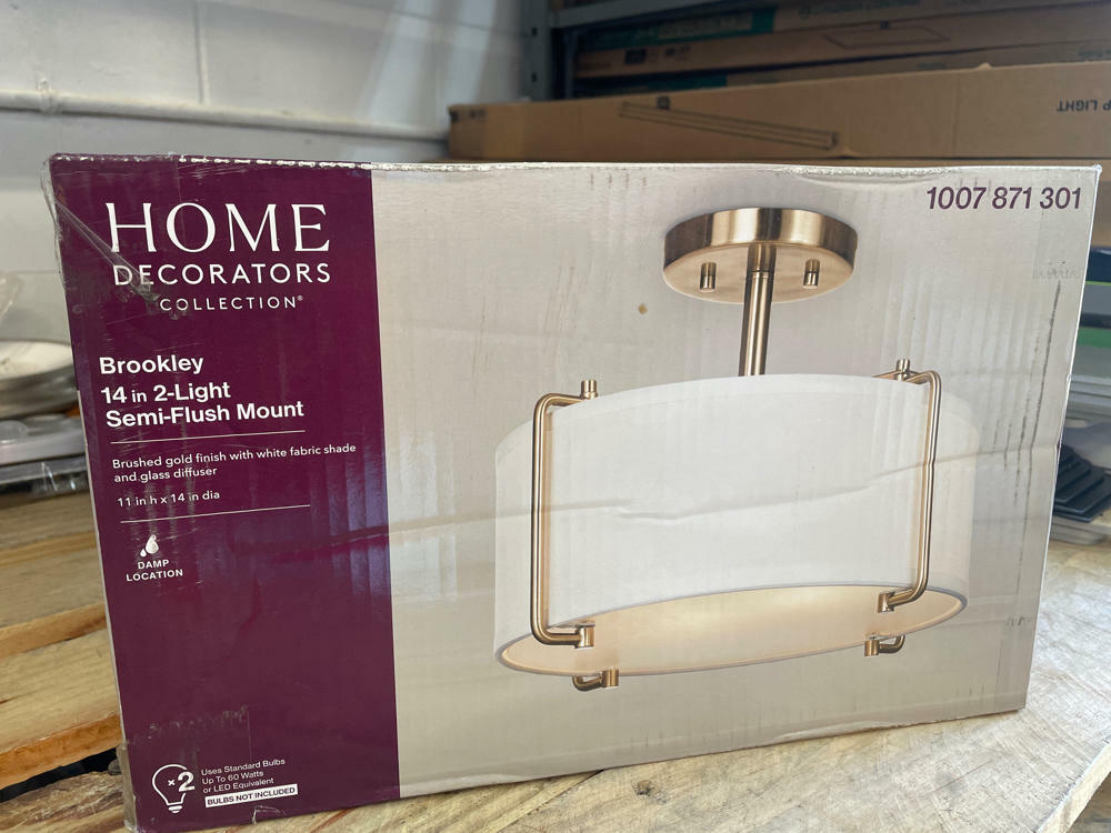 Home Decorators Collection Brookley 14 in. 2-Light Brushed Gold Semi-Flush Mount with White Fabric Shade