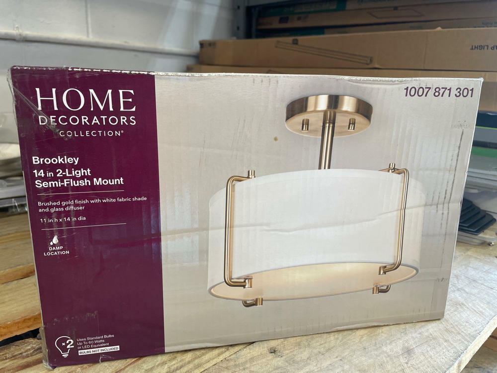 Home Decorators Collection Brookley 14 in. 2-Light Brushed Gold Semi-Flush Mount with White Fabric Shade