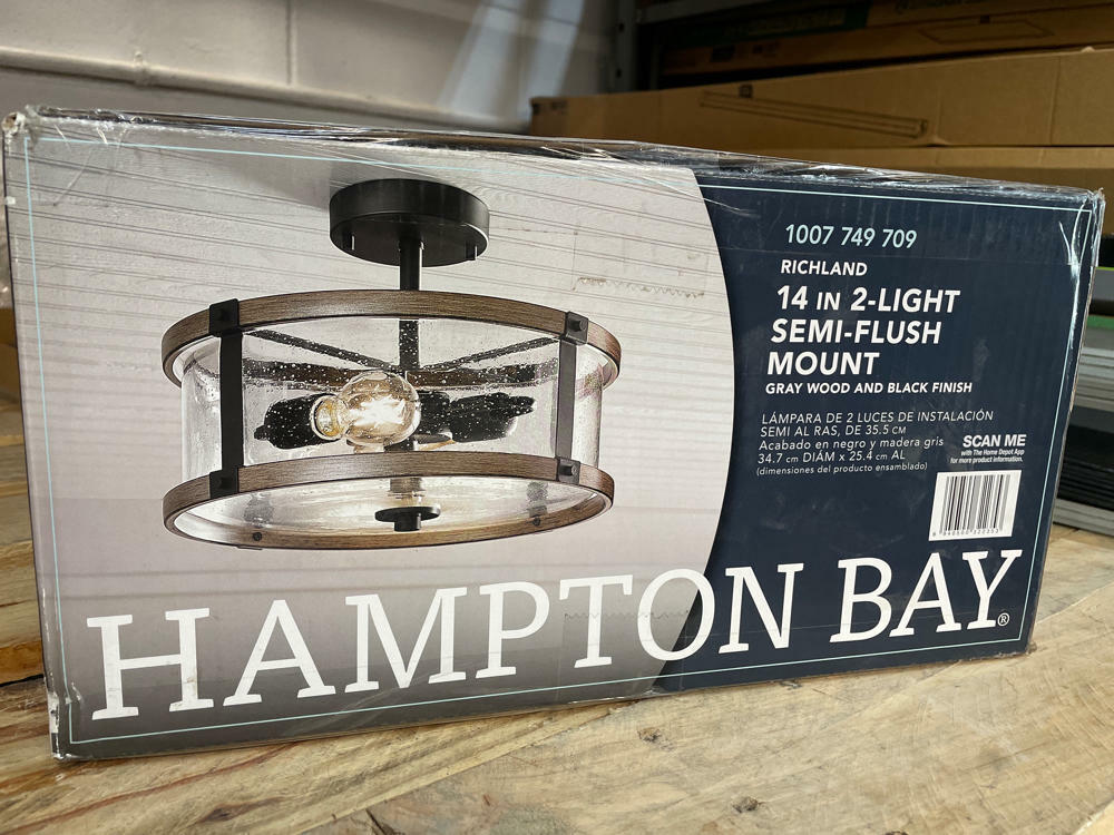 Hampton Bay Richland 2-Light Grey Wood Semi Flush Mount Clear Seedy Glass