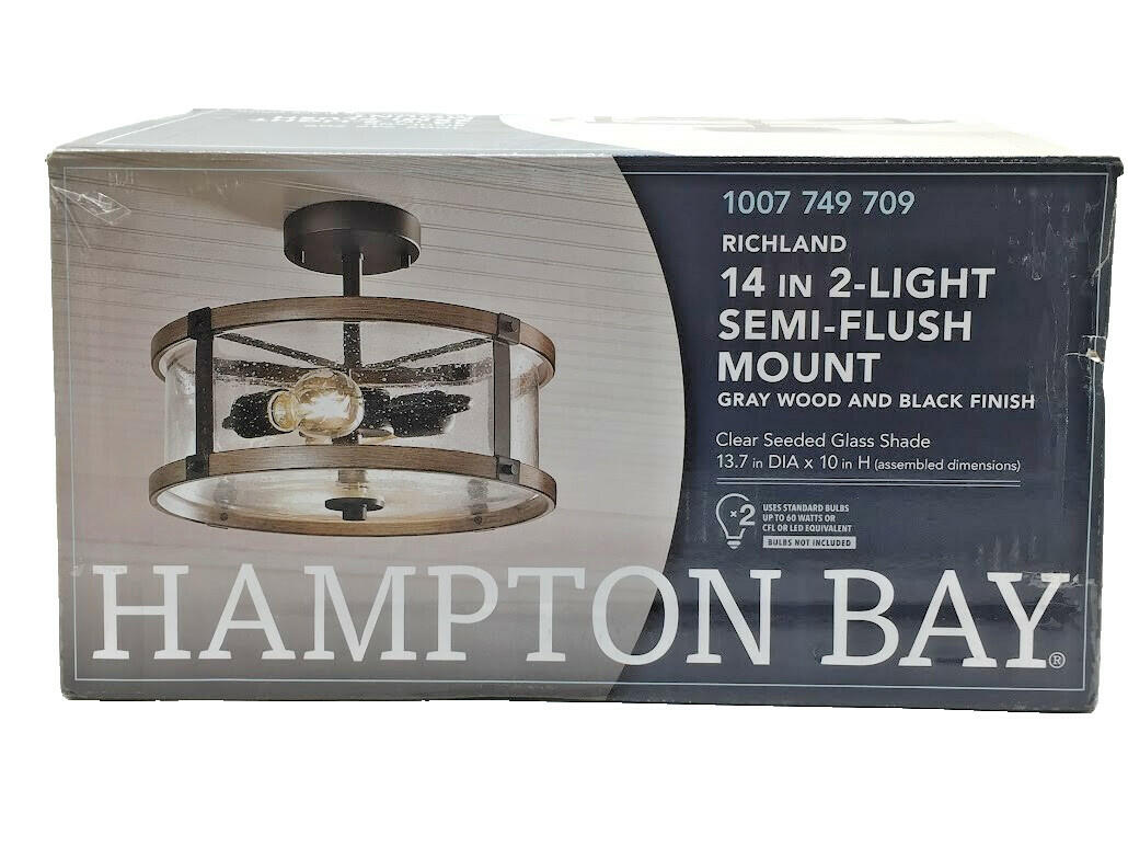 Hampton Bay Richland 2-Light Grey Wood Semi Flush Mount Clear Seedy Glass