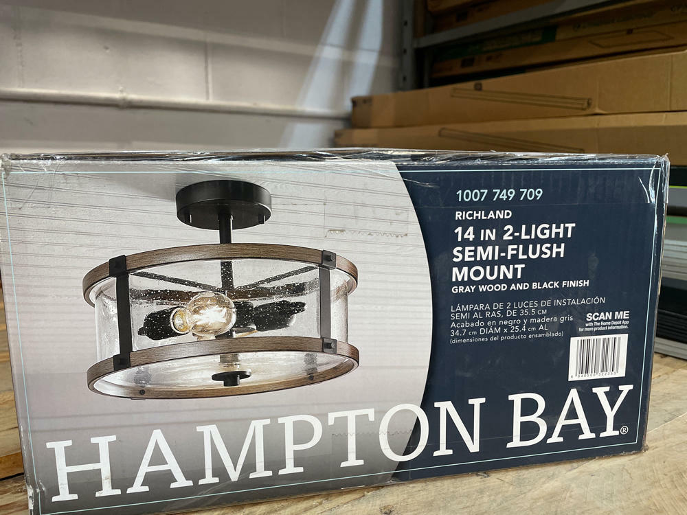 Hampton Bay Richland 2-Light Grey Wood Semi Flush Mount Clear Seedy Glass
