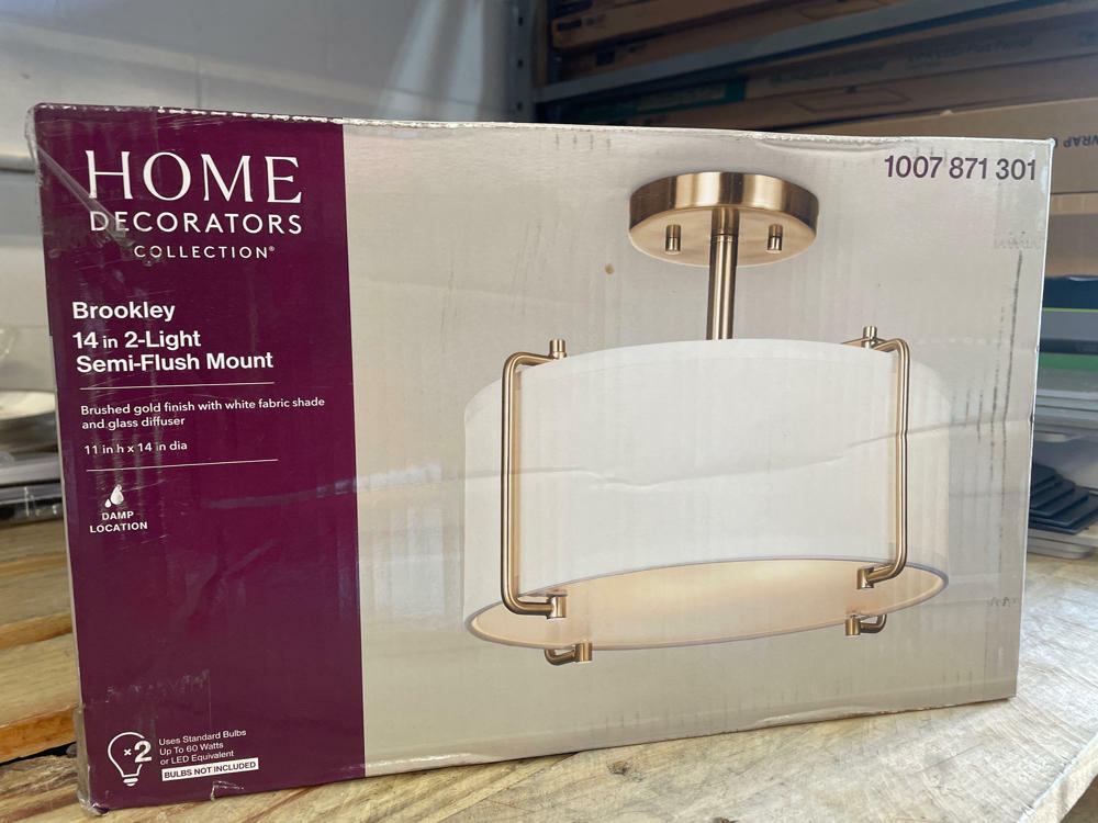 Home Decorators Collection Brookley 14 in. 2-Light Brushed Gold Semi-Flush Mount with White Fabric Shade