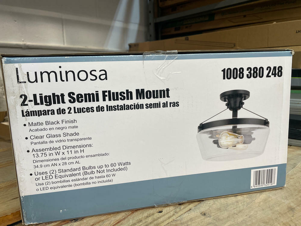 13 in. W 2-Light Matte Black Semi-Flush Mount Clear Glass