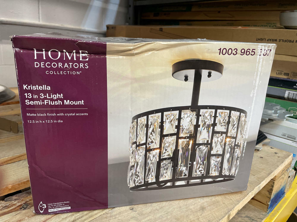 Home Decorators Collection Kristella 12.5 in. 3-Light Matte Black Semi Flush Mount Light with Clear Crystal Shade