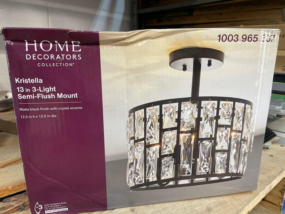 Home Decorators Collection Kristella 12.5 in. 3-Light Matte Black Semi Flush Mount Light with Clear Crystal Shade