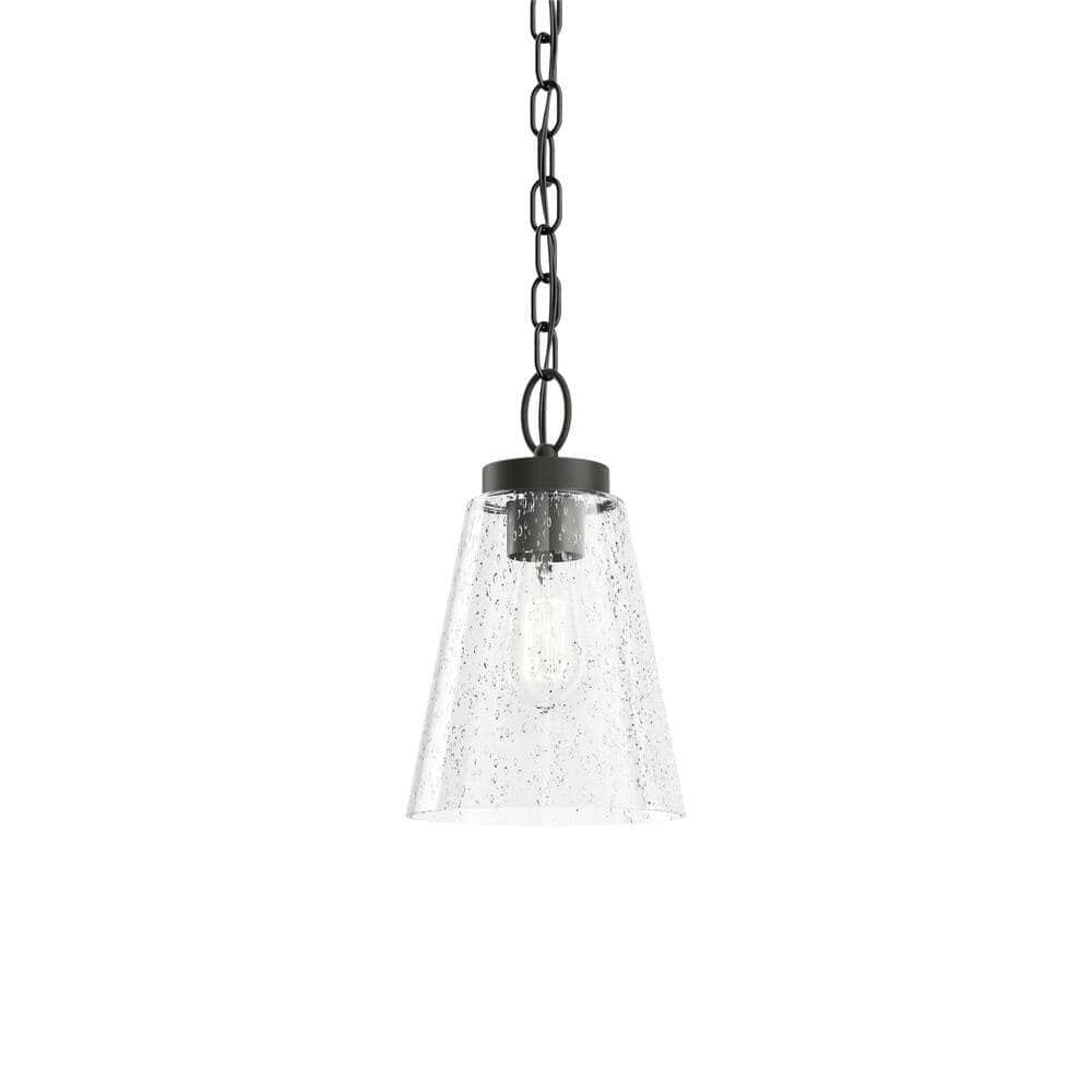 Roycroft 7 in. 1-Light Black Farmhouse Kitchen Pendant Hanging Light with Seeded Glass Shade with Seeded Glass Shade