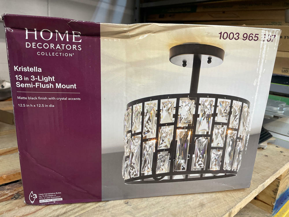 Home Decorators Collection Kristella 12.5 in. 3-Light Matte Black Semi Flush Mount Light with Clear Crystal Shade
