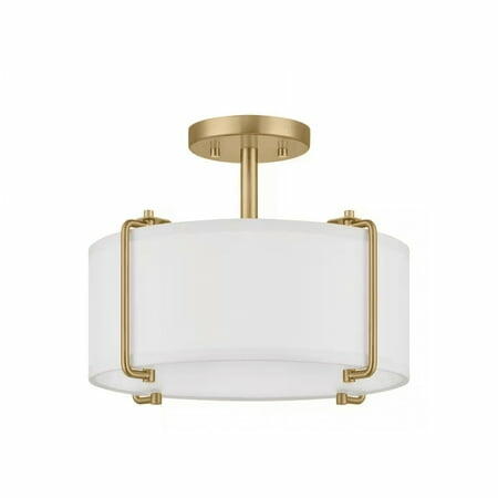 Home Decorators Collection Brookley 14 in. 2-Light Brushed Gold Semi-Flush Mount with White Fabric Shade