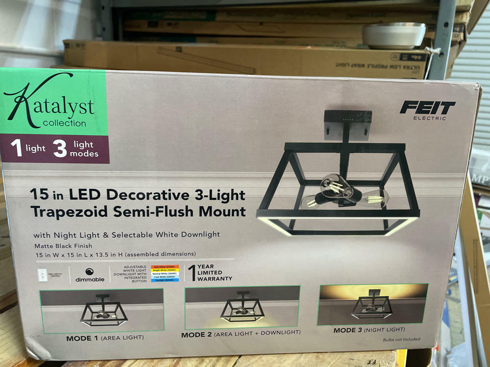Feit Electric 15" 3-Light Trapezoid Matte Black Selectable CCT LED Semi-Flush Mount Ceiling Light