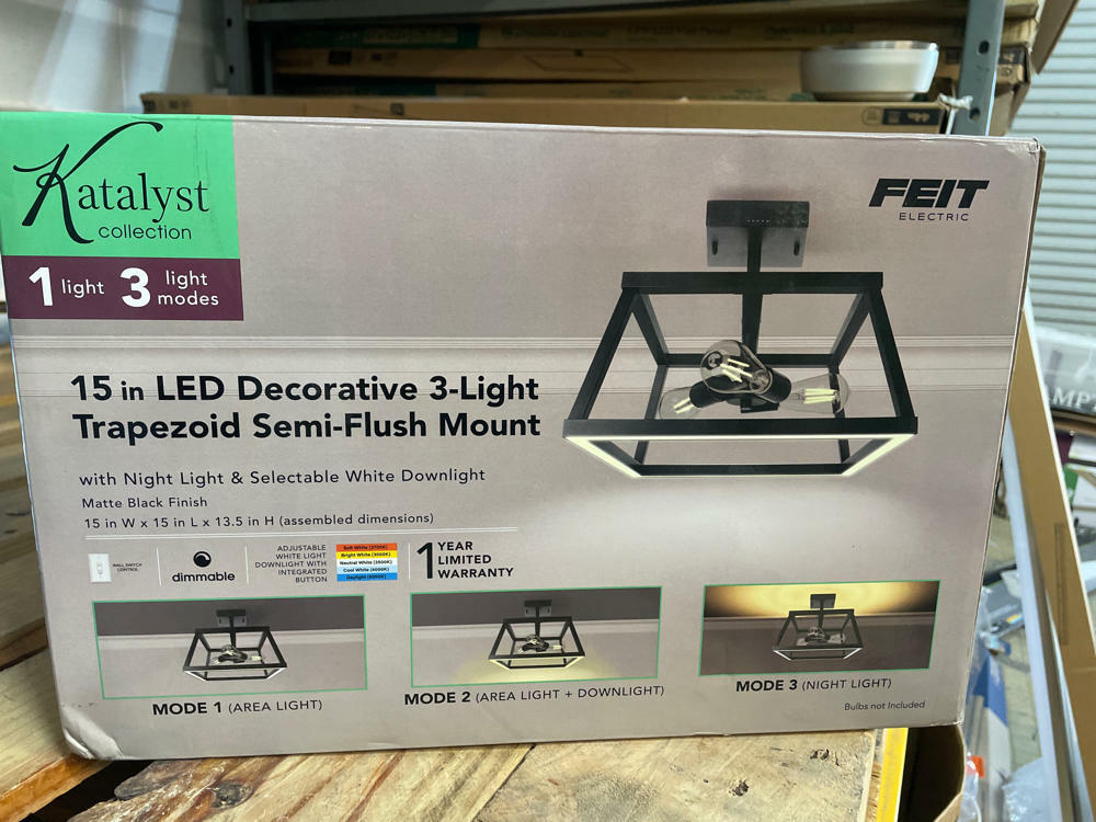 Feit Electric 15" 3-Light Trapezoid Matte Black Selectable CCT LED Semi-Flush Mount Ceiling Light