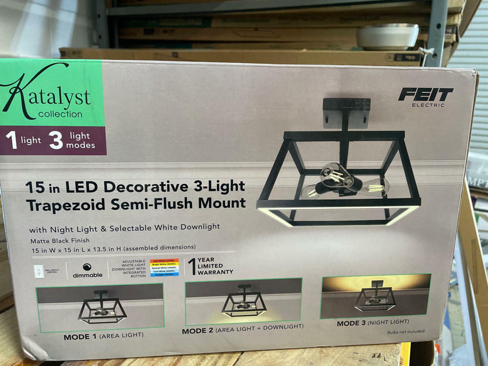 Feit Electric 15" 3-Light Trapezoid Matte Black Selectable CCT LED Semi-Flush Mount Ceiling Light