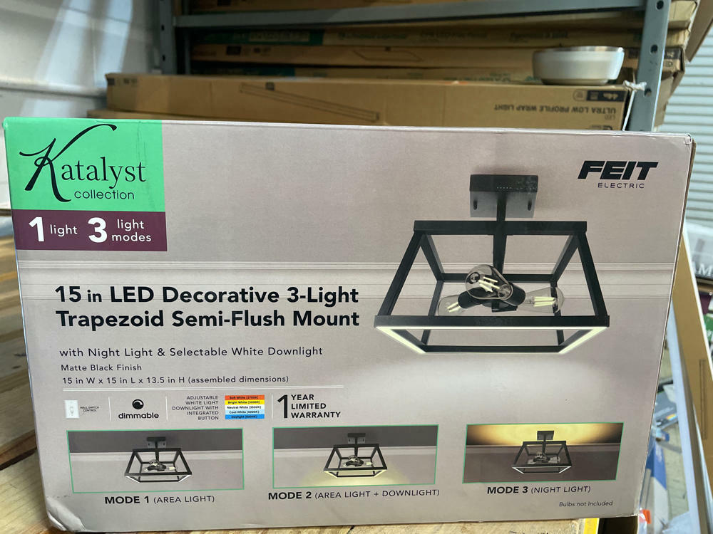 Feit Electric 15" 3-Light Trapezoid Matte Black Selectable CCT LED Semi-Flush Mount Ceiling Light