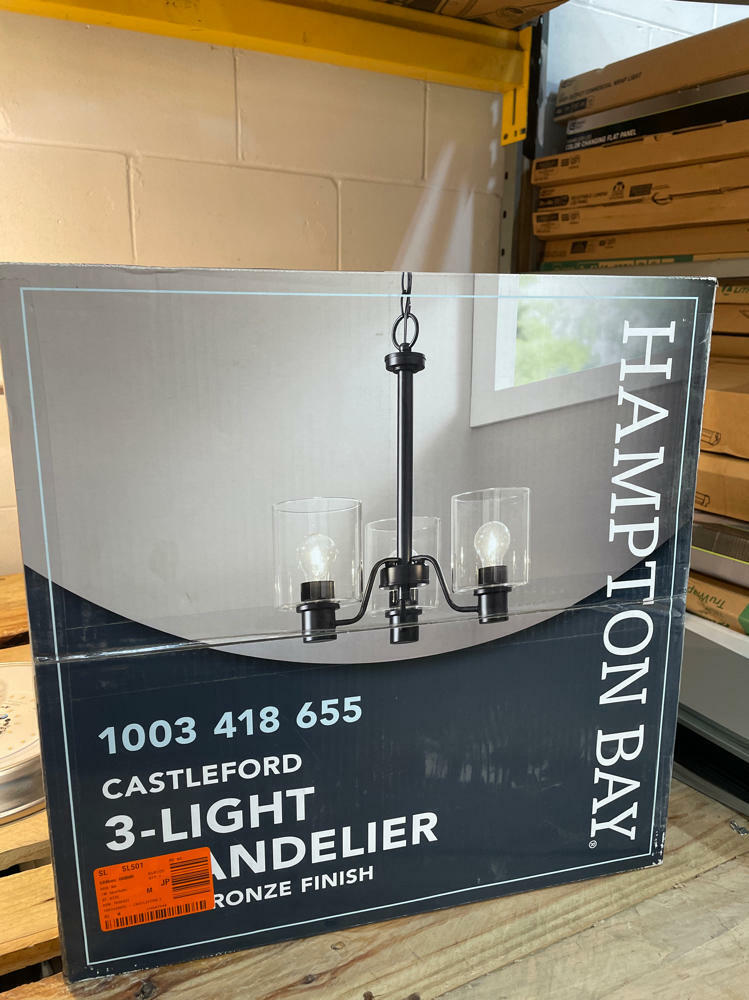 Hampton Bay Castleford 3-Light Satin Bronze Chandelier with Clear Glass Shades