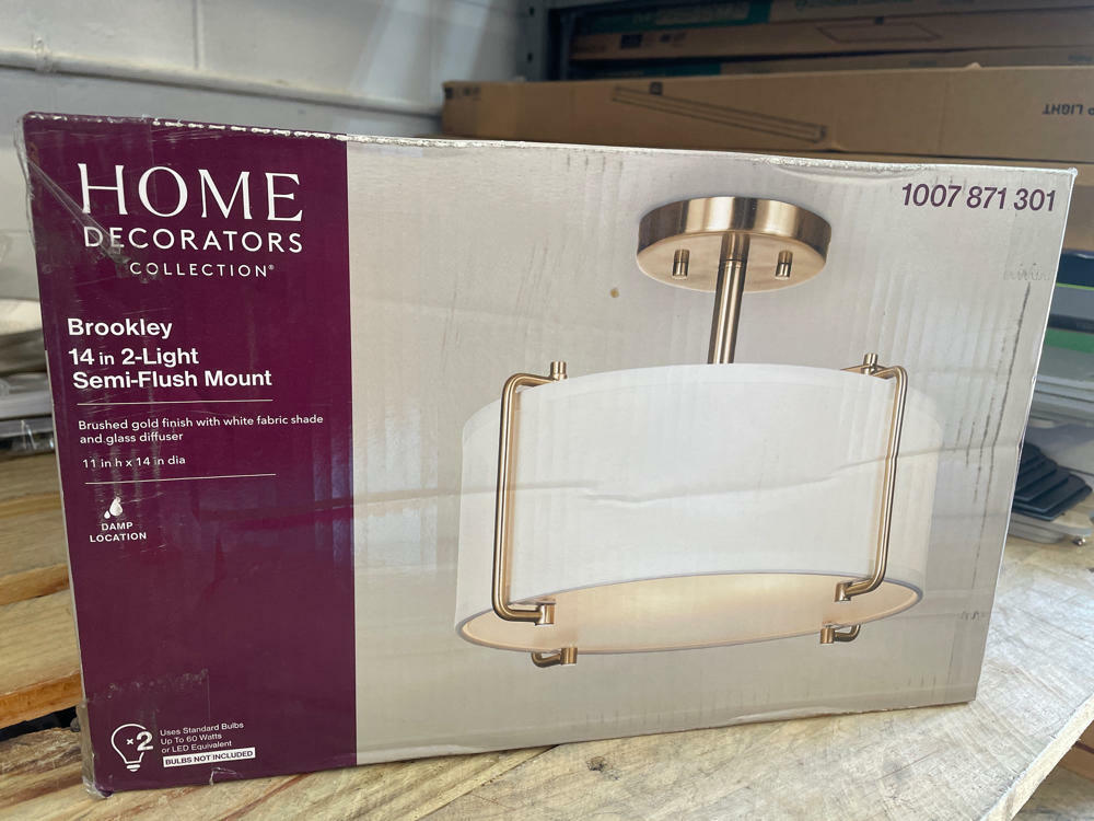 Home Decorators Collection Brookley 14 in. 2-Light Brushed Gold Semi-Flush Mount with White Fabric Shade