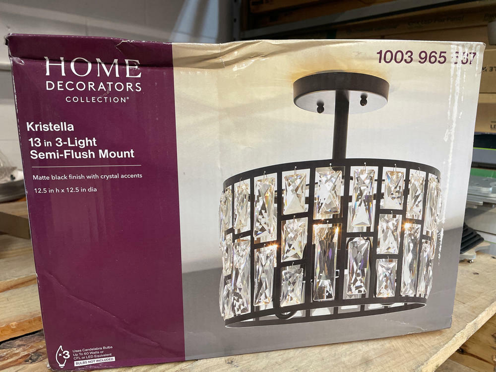 Home Decorators Collection Kristella 12.5 in. 3-Light Matte Black Semi Flush Mount Light with Clear Crystal Shade
