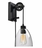 Industrial Pulley 1-Light Clear Glass Plug-in Wall Sconce with Bulb