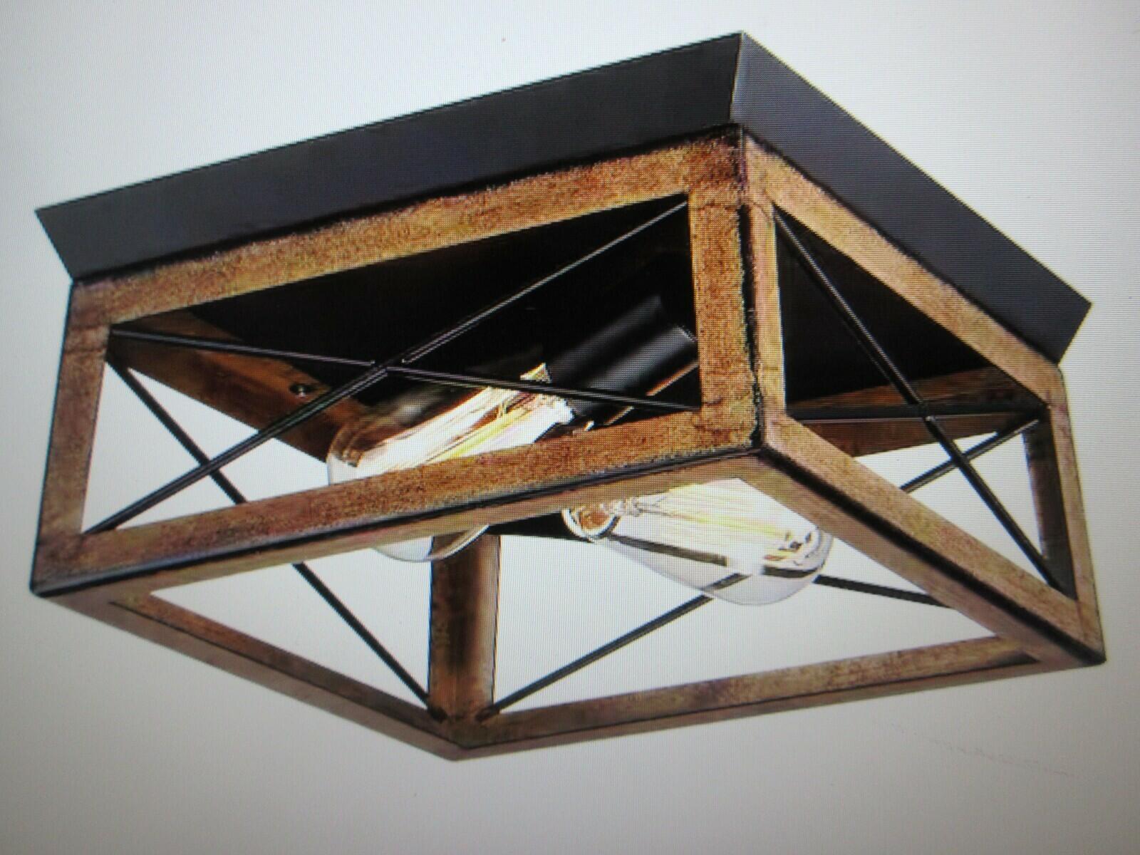 2-Light Barnwood Matte Black Flush Mount Ceiling Light Farmhouse Rustic Rectangle