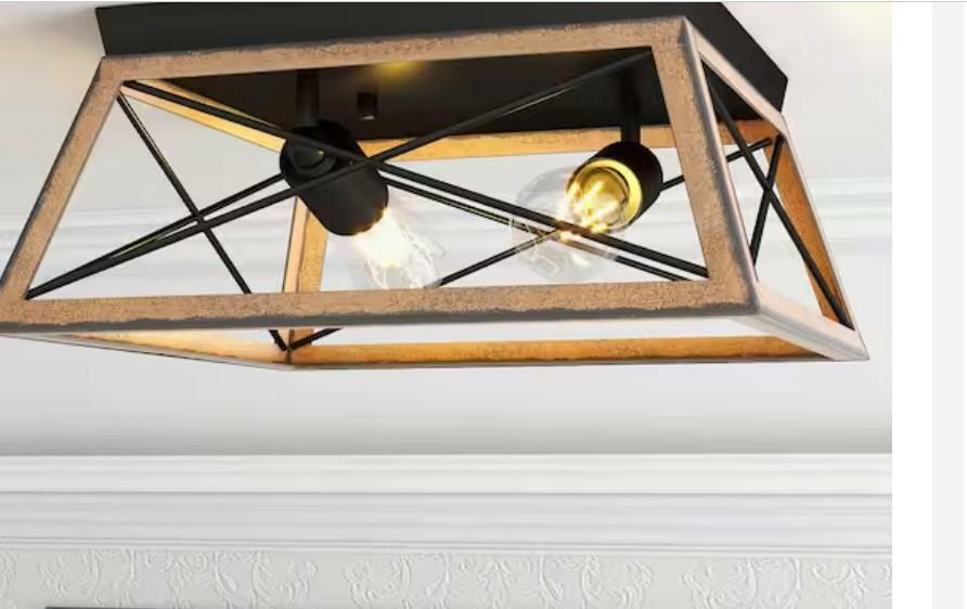 2-Light Barnwood Matte Black Flush Mount Ceiling Light Farmhouse Rustic Rectangle