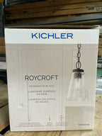 Roycroft 7 in. 1-Light Black Farmhouse Kitchen Pendant Hanging Light with Seeded Glass Shade with Seeded Glass Shade