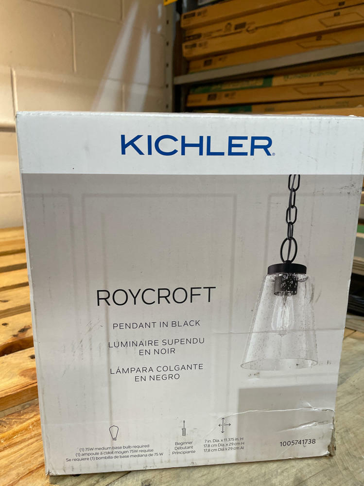 Roycroft 7 in. 1-Light Black Farmhouse Kitchen Pendant Hanging Light with Seeded Glass Shade with Seeded Glass Shade