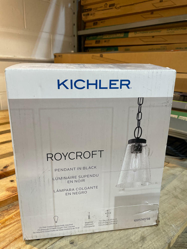 Roycroft 7 in. 1-Light Black Farmhouse Kitchen Pendant Hanging Light with Seeded Glass Shade with Seeded Glass Shade
