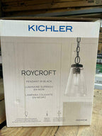 Roycroft 7 in. 1-Light Black Farmhouse Kitchen Pendant Hanging Light with Seeded Glass Shade with Seeded Glass Shade